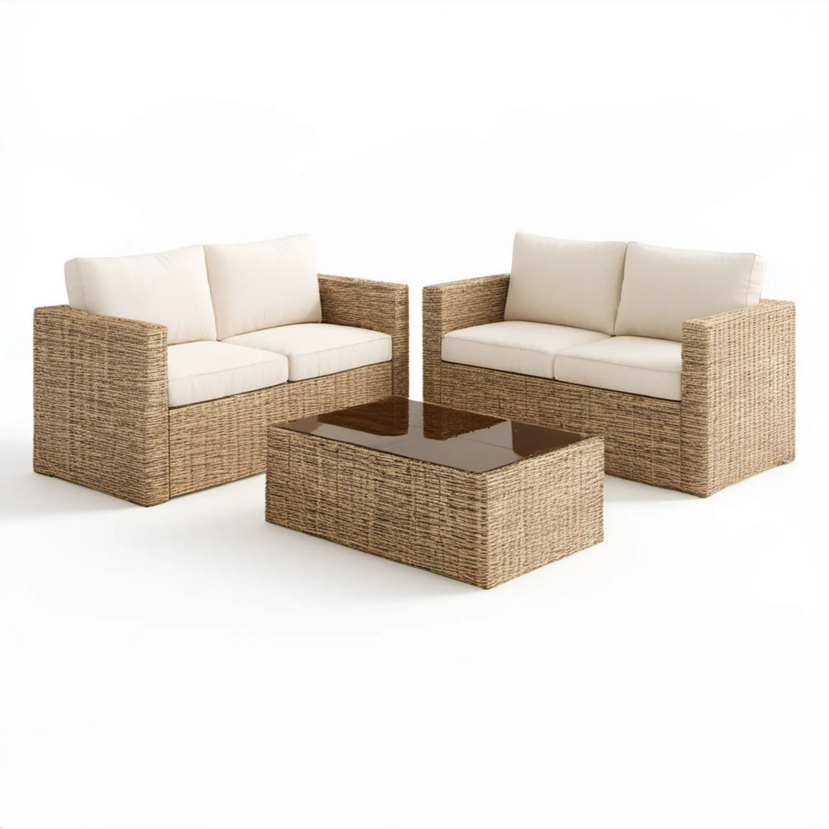 Beżowo-kremowy zestaw ogrodowy z technorattanu: 2 sofy 124 x 70 x 63 cm i stolik 90 x 50 x 33 cm
