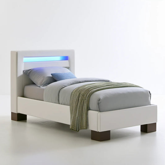 Białe łóżko jednoosobowe 90 x 200 cm z oświetleniem LED, tapicerką PU i brązowymi nogami z drewna sosnowego