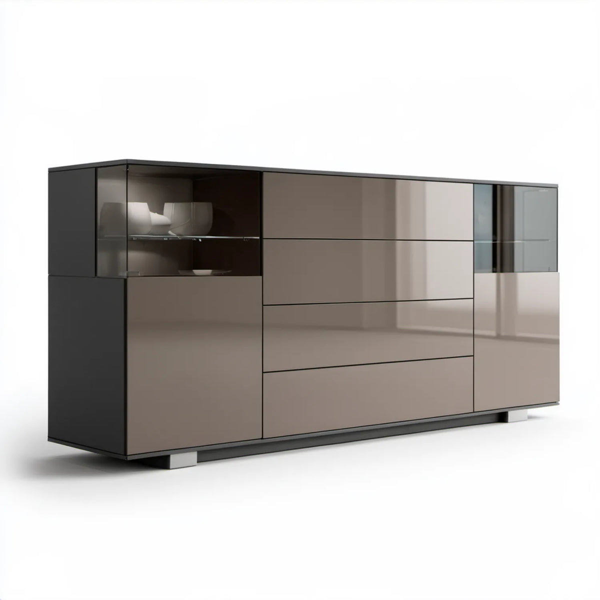 Nowoczesny taupe-czarny mebel z przeszkleniami, 180 × 40 × 100 cm