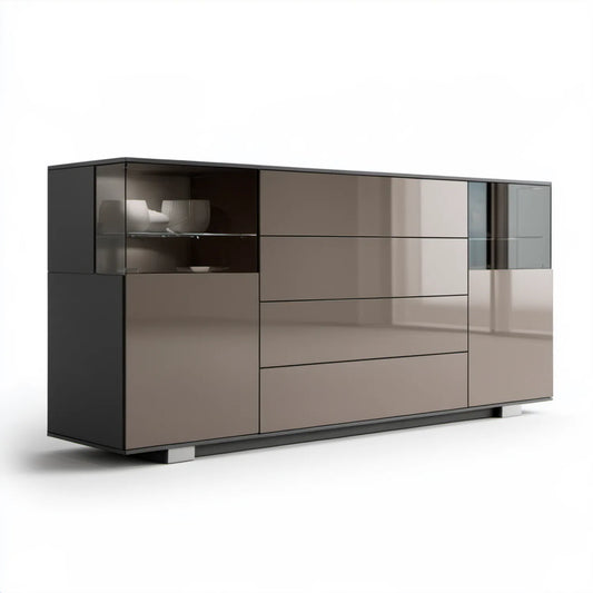 Nowoczesny taupe-czarny mebel z przeszkleniami, 180 × 40 × 100 cm