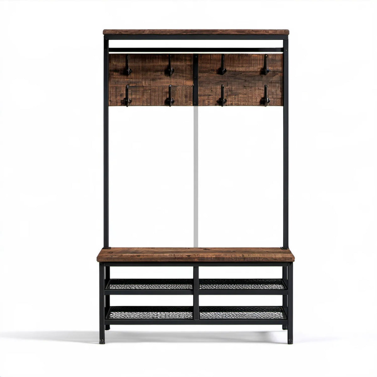Wieszak do przedpokoju z ławką, 8 haczykami i 2 półkami na buty, 100 x 40 x 180 cm, ciemnobrązowo-czarny