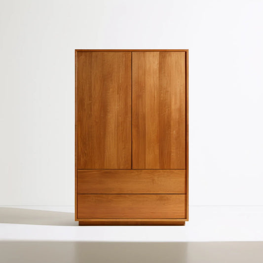 Brązowa szafa z litego drewna akacjowego, 2 drzwi i 2 szuflady, 100 × 55 × 200 cm