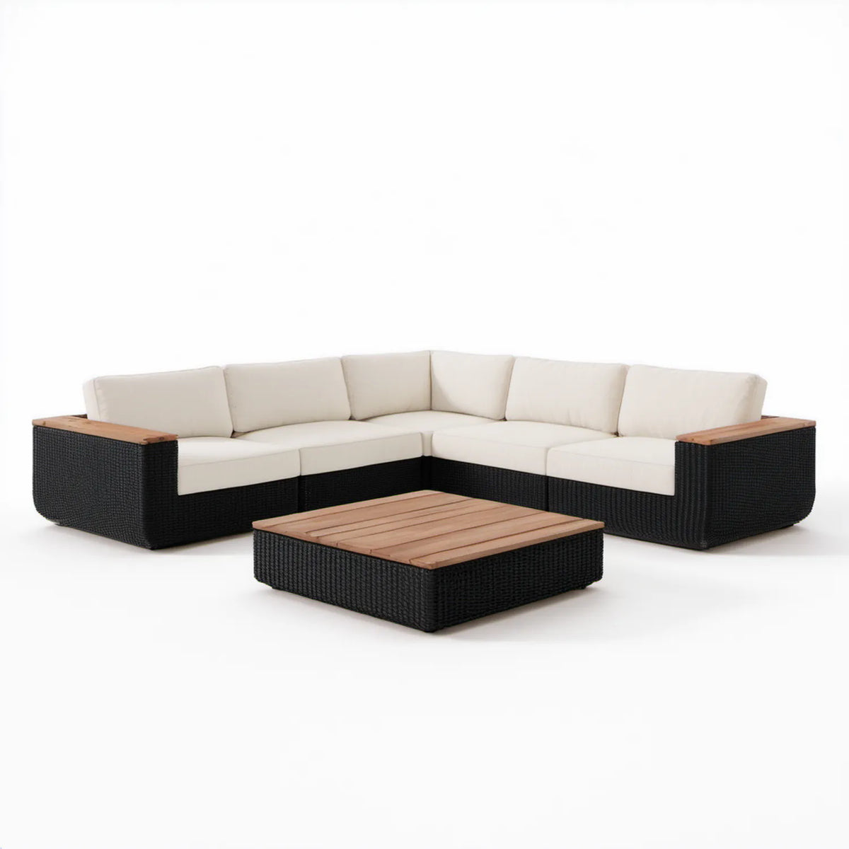 Ogrodowy zestaw narożny z technorattanu PE ze stolikiem 250 x 250 x 65 cm Czarny/Kremowy/Brązowy