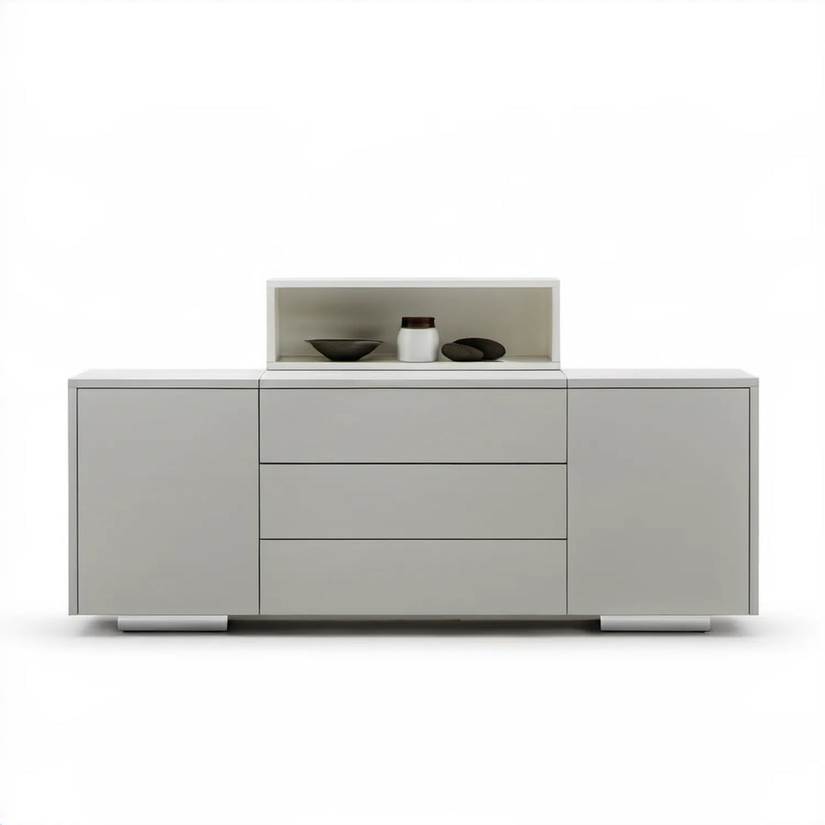 Szary kredens z MDF 180 x 45 x 95 cm z 3 szufladami i otwartą wnęką