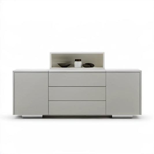 Szary kredens z MDF 180 x 45 x 95 cm z 3 szufladami i otwartą wnęką