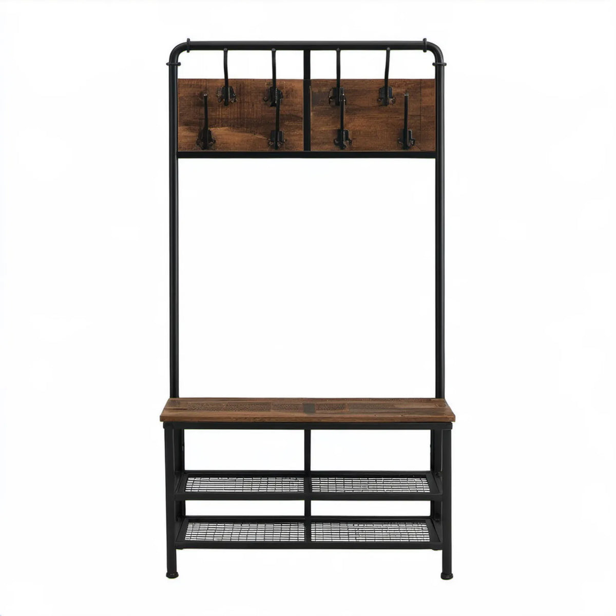 Garderoba do przedpokoju z ławką, półkami na buty i 9 haczykami, czarno-brązowa rustykalna, 100 x 40 x 180 cm