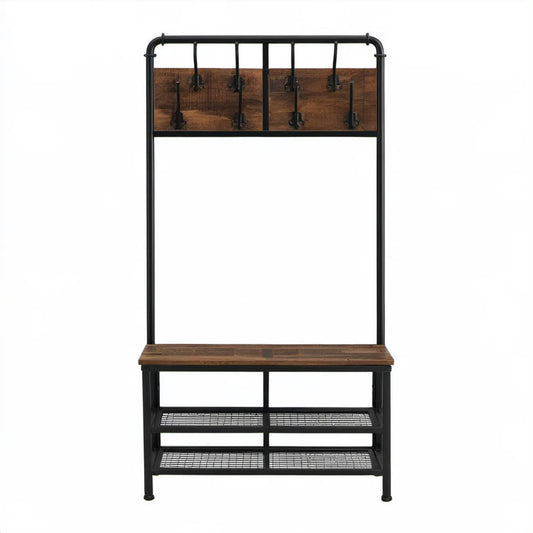 Garderoba do przedpokoju z ławką, półkami na buty i 9 haczykami, czarno-brązowa rustykalna, 100 x 40 x 180 cm