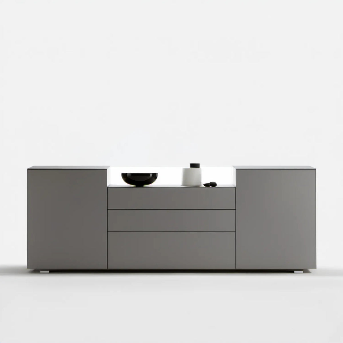 Szary kredens 180 x 45 x 80 cm z laminowanej płyty MDF, 2 drzwi, 3 szuflady i otwarta wnęka