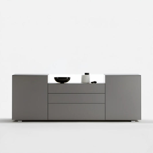 Szary kredens 180 x 45 x 80 cm z laminowanej płyty MDF, 2 drzwi, 3 szuflady i otwarta wnęka