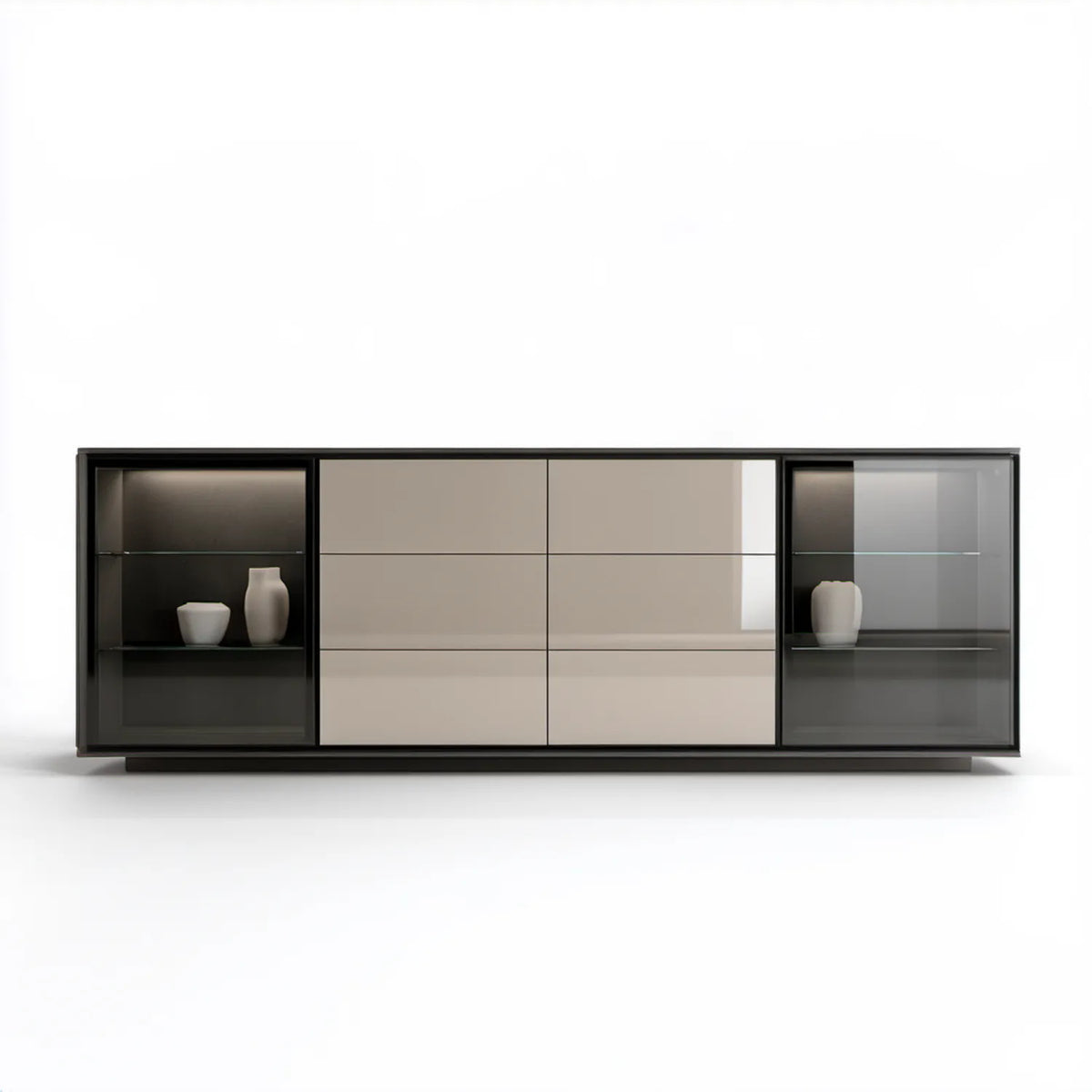 Nowoczesny kredens szaro-czarny 200 × 45 × 80 cm z MDF, szkła hartowanego i aluminium