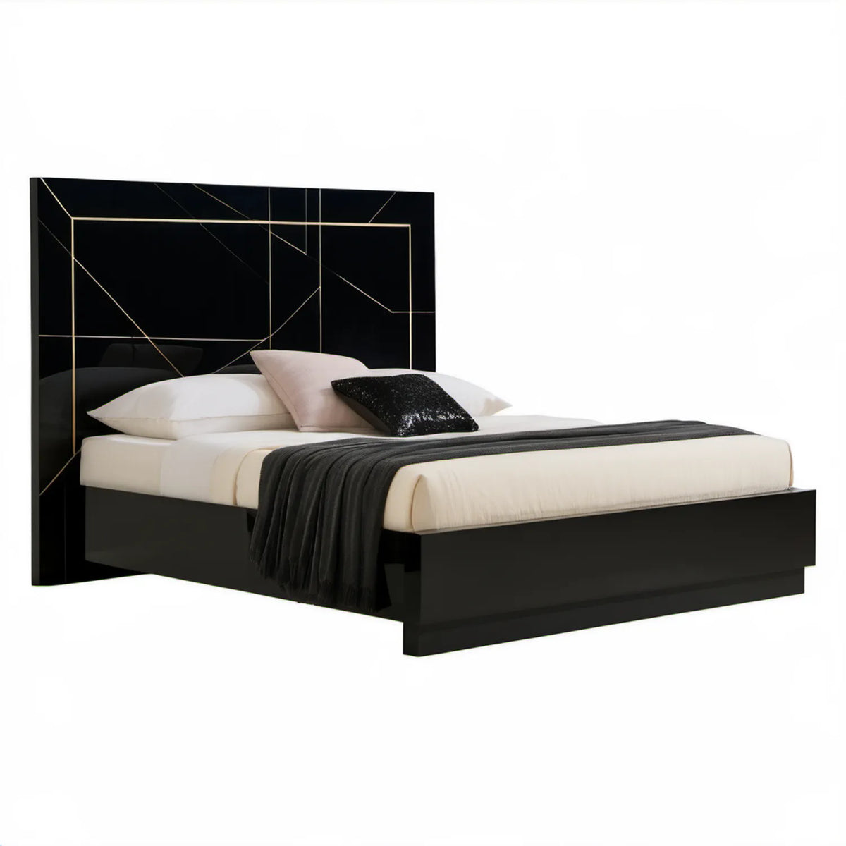 Czarne łóżko dwuosobowe 160 x 200 cm z MDF, złote listwy dekoracyjne